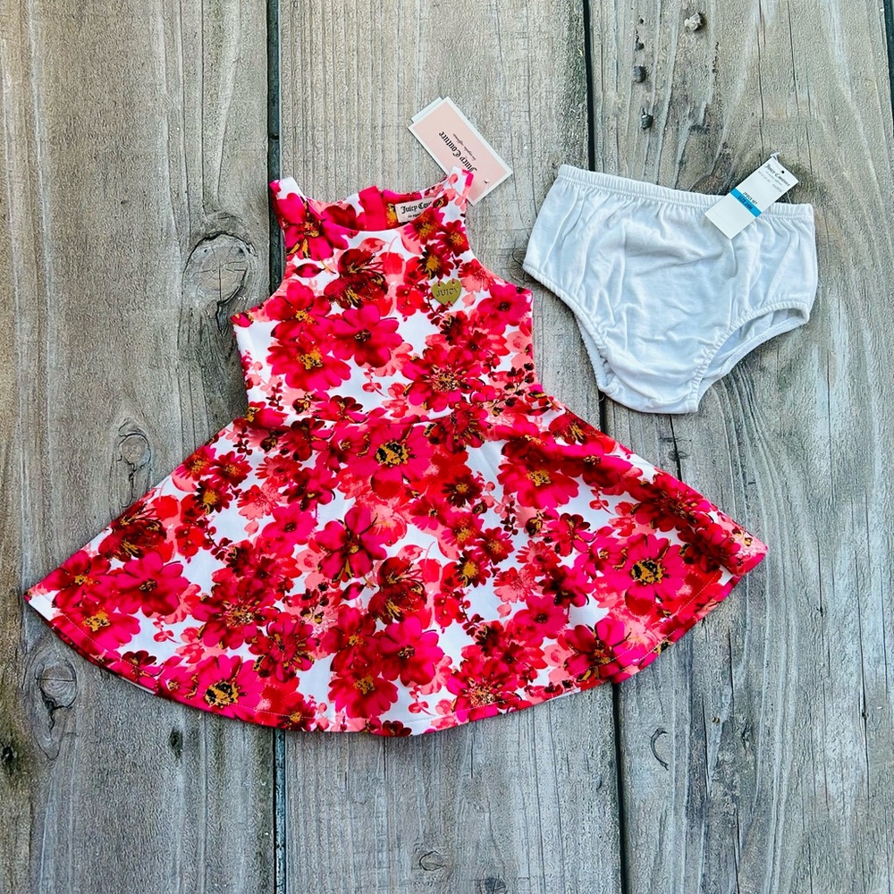 Juicy Couture size 24mths Vibrant Floral Print Dress With Gold Zipper & Bloomers